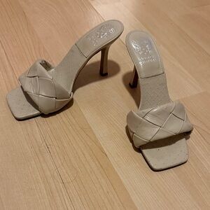 Vince Camuto Cream Braided Leather High Heel Mules